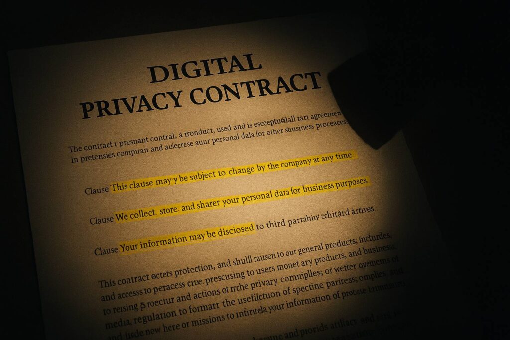 Dokumen kontrak privasi digital yang diterangi senter, dengan beberapa bagian teks disorot kuning menandakan clause meragukan