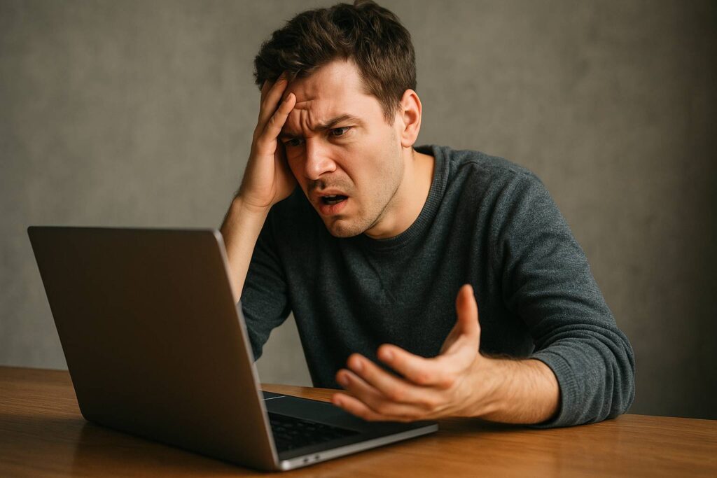 Frustrated user looking at slow laptop