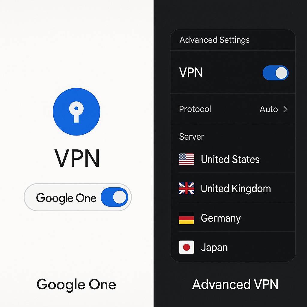 Google One VPN simple interface, right side shows advanced settings of traditional VPN app with server list