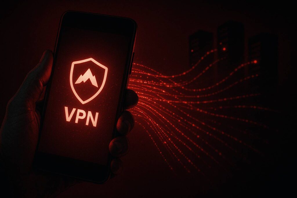 Hacker's hand holding phone with VPN app icon