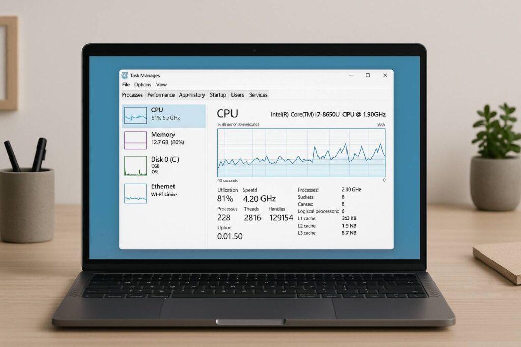 Laptop tua terbuka di meja kerja minimalis
