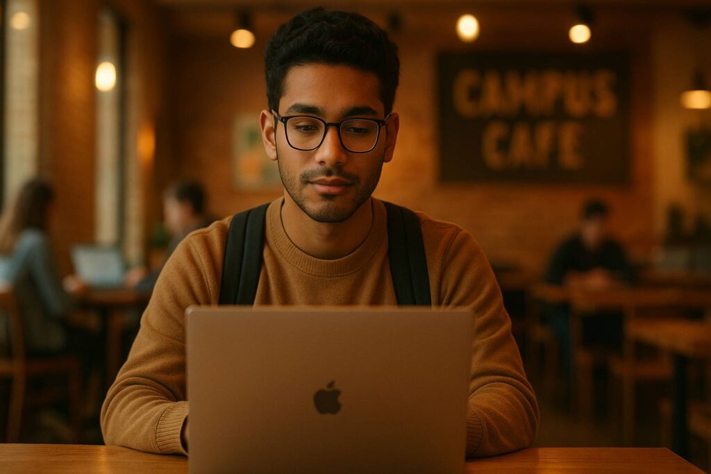 Mahasiswa menggunakan laptop di kafe kampus