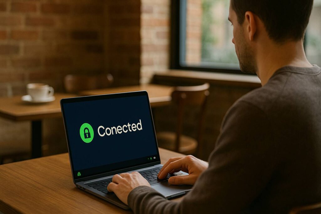 Orang menggunakan laptop di kafe dengan tampilan VPN terkoneksi