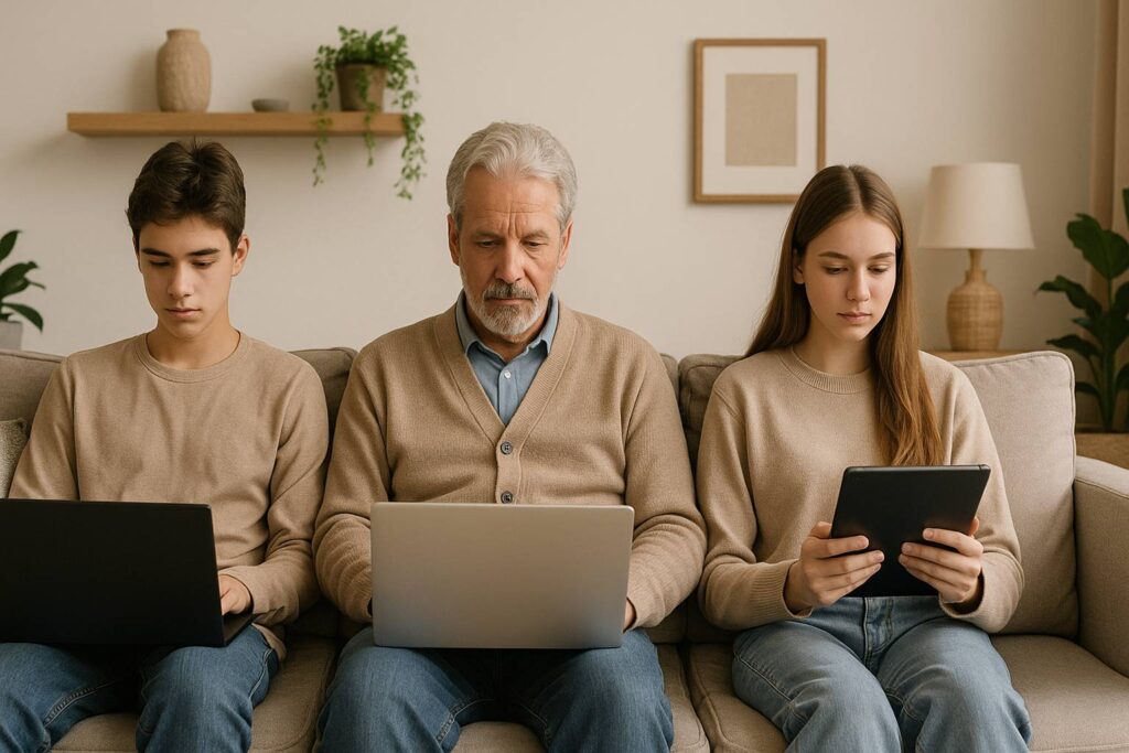 Orang tua dan dua anak remaja duduk di sofa ruang tamu