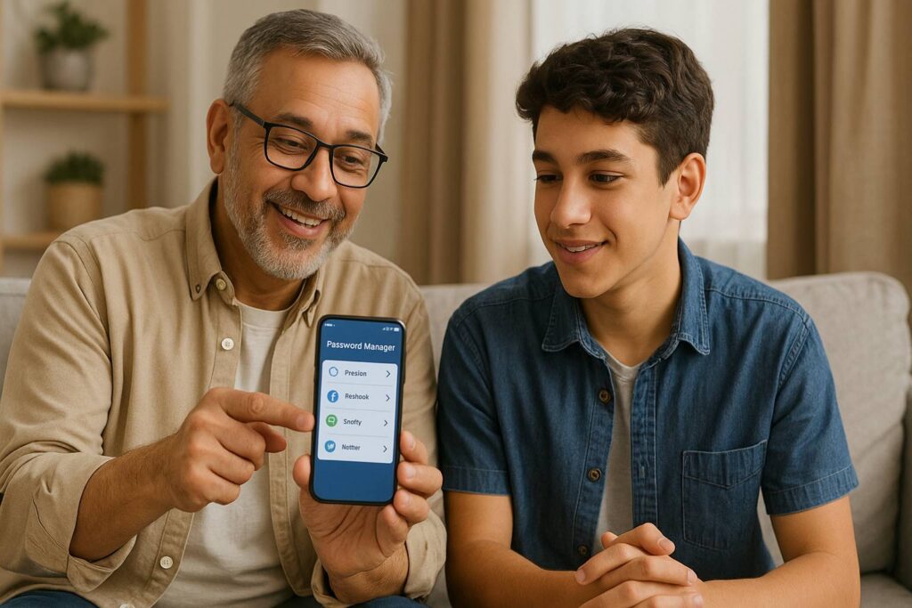 Orang tua menunjukkan smartphone kepada anak remaja, tampak sedang menjelaskan antarmuka aplikasi password manager