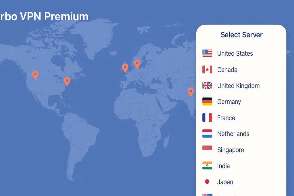 Peta dunia menunjukkan lokasi server Turbo VPN Premium