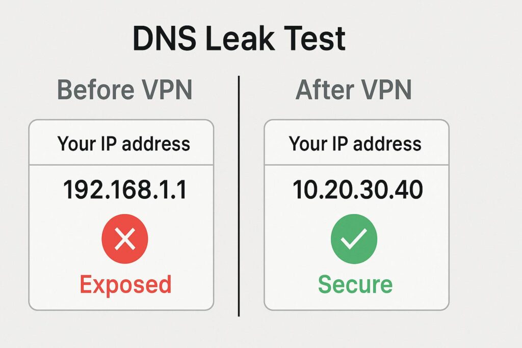 Split-screen comparison showing DNS leak test results