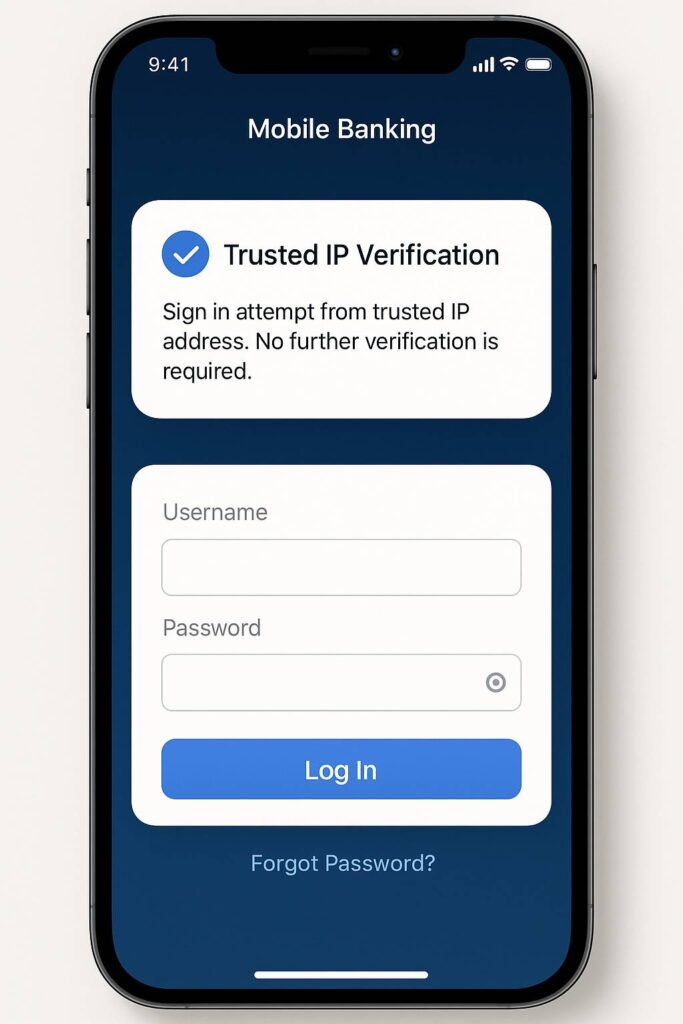 Tampilan layar login mobile banking dengan notifikasi verifikasi IP terpercaya