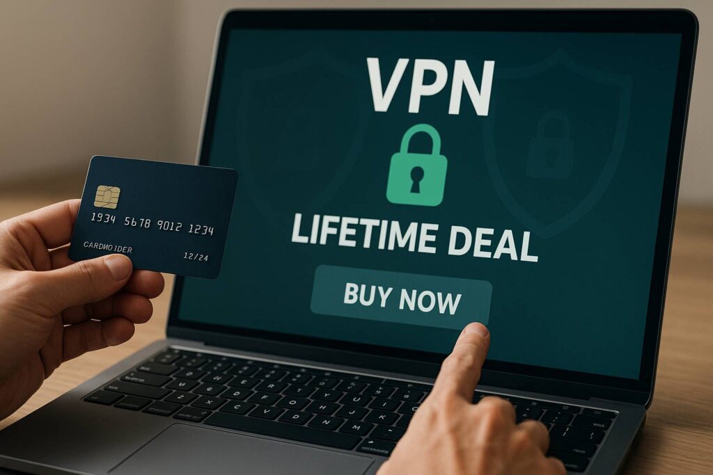 VPN lifetime deal webpage on a laptop screen