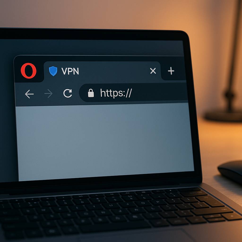 antarmuka browser Opera dengan indikator VPN yang aktif di address bar