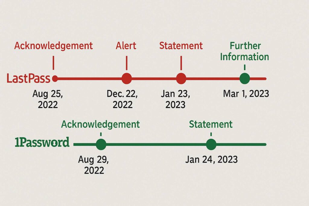 ilustrasi timeline insiden keamanan dengan dua kolur berbeda