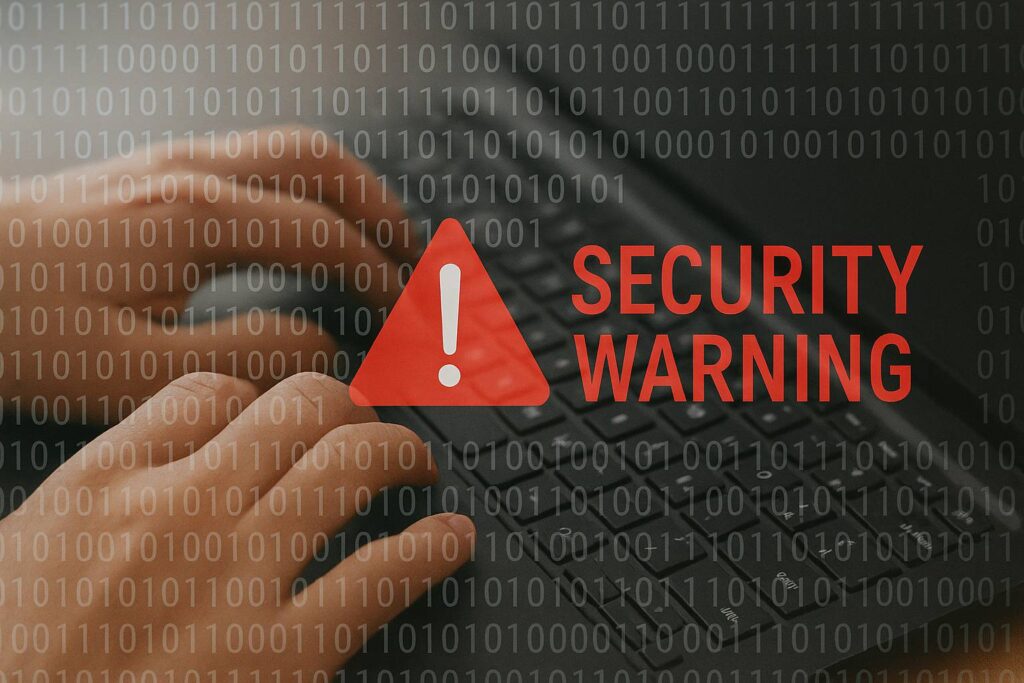 laptop dengan overlay kode biner dan ikon peringatan keamanan