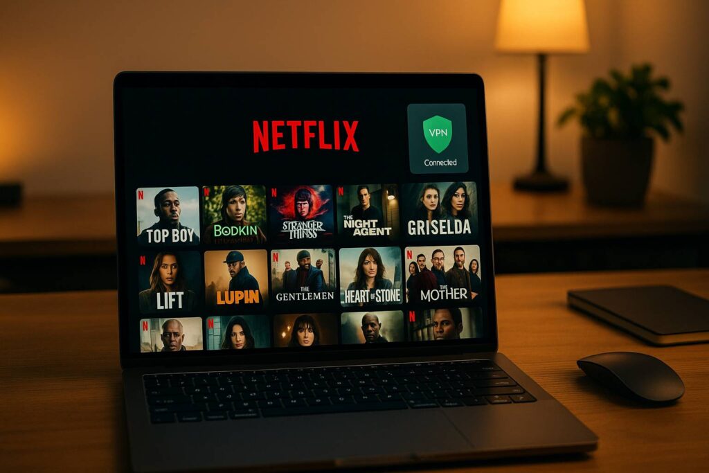 laptop streaming Netflix interface with a VPN connection indicator active